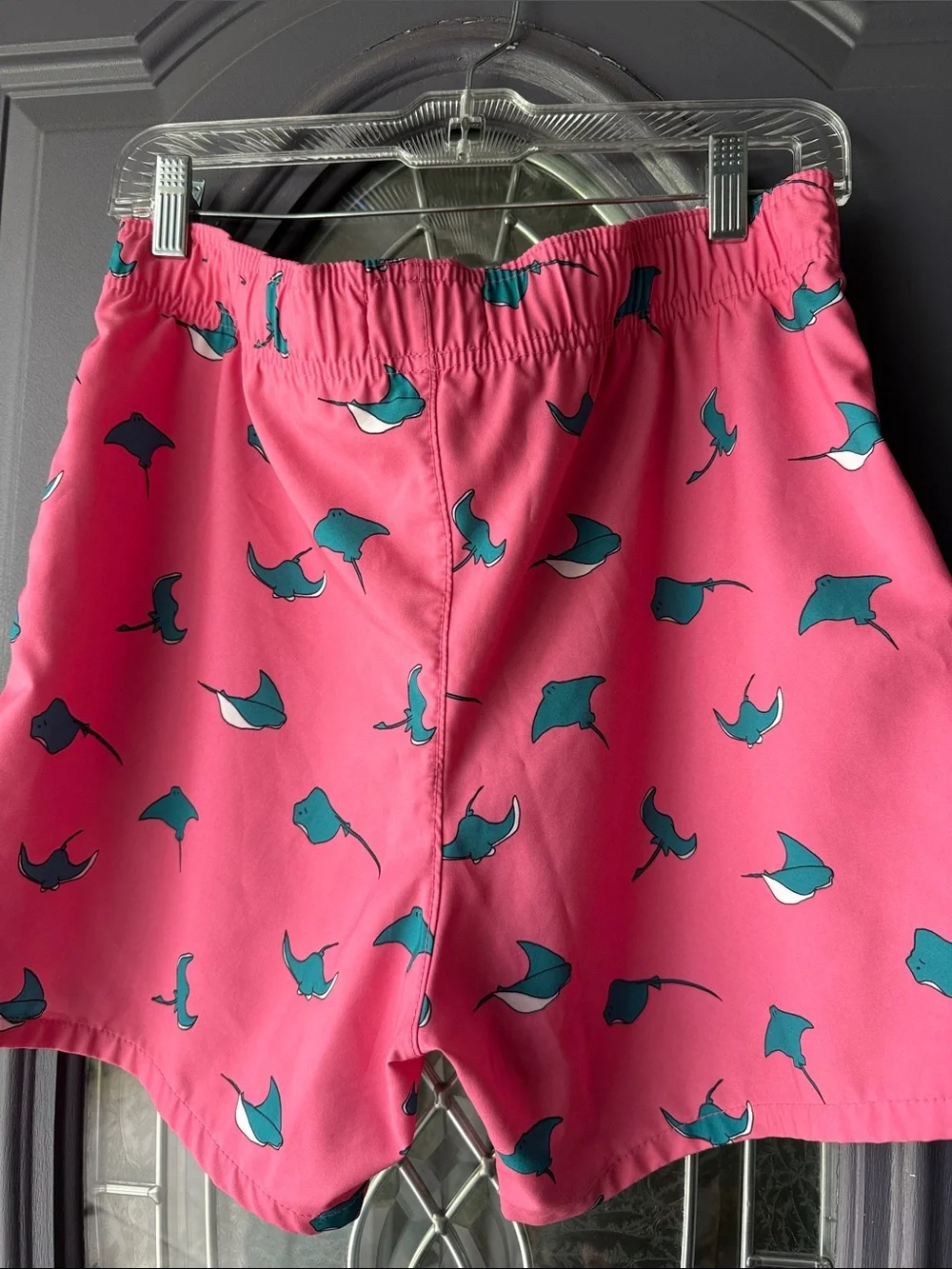 Hollister Men’s Stretch Small Pink Swim Trunks with Teal Manta Ray Print